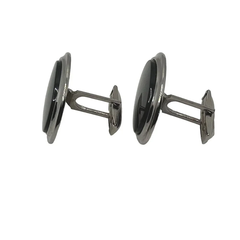 Vintage Silver-Tone Cufflinks Large Oval Black Center